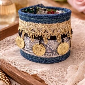 OOAK Upcycled Denim Gold Coin Charm Sequins Cuff Bracelet Boho Lined Signed